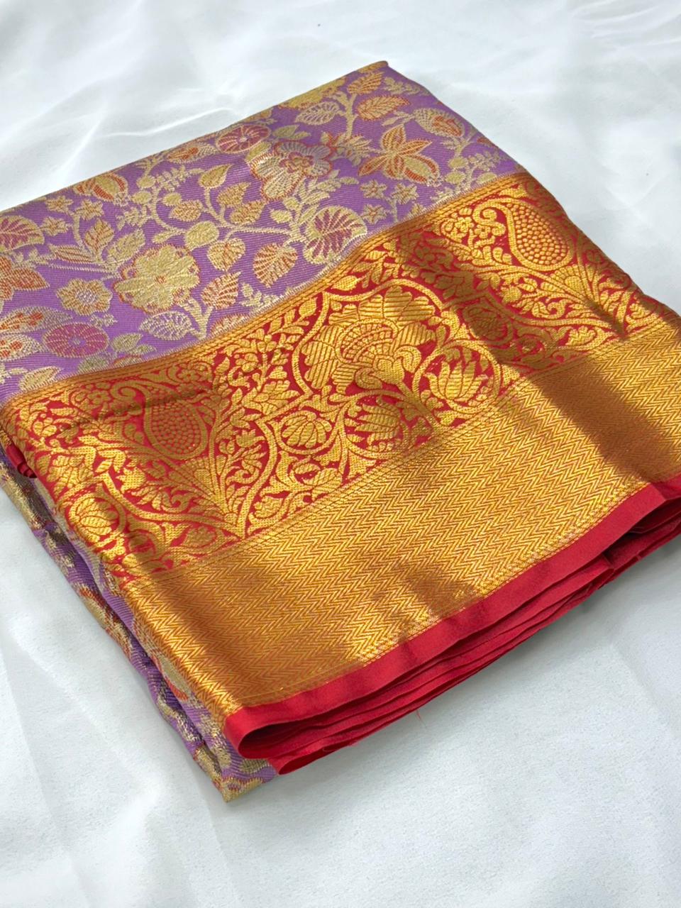 Lavender kanjivaram silk jaal traditional zari woven saree