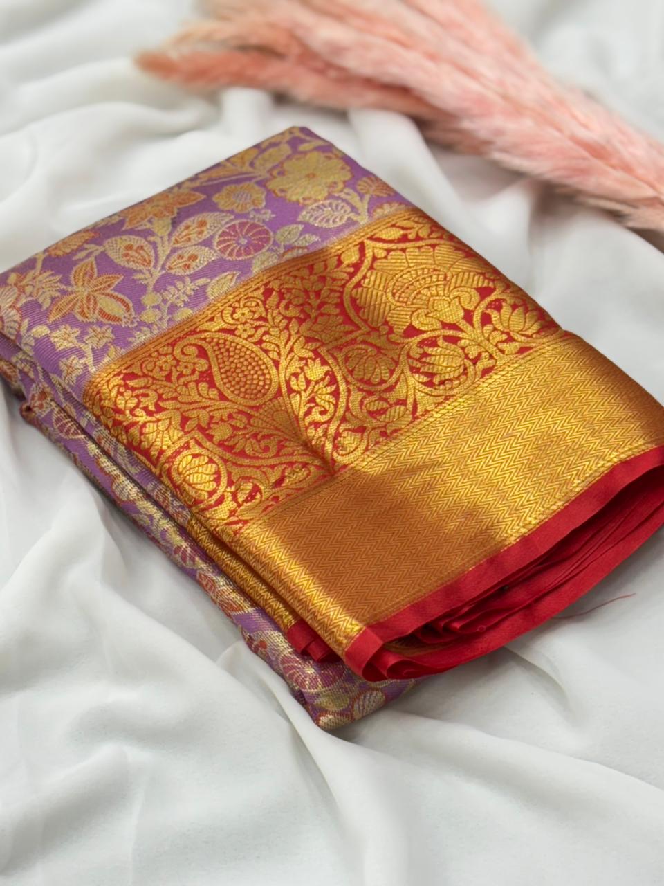 Lavender kanjivaram silk jaal traditional zari woven saree