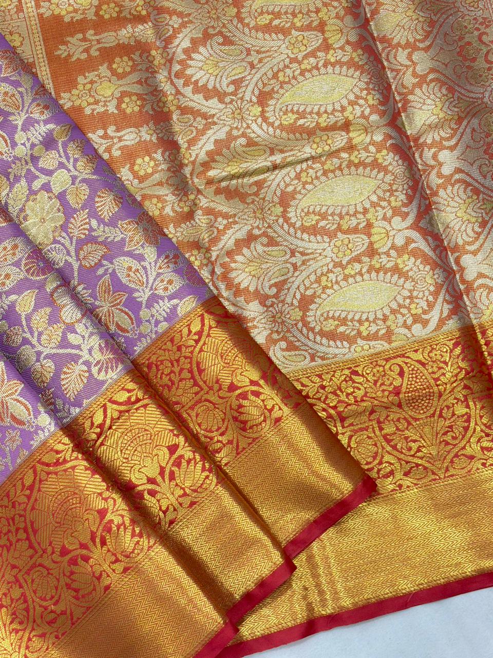 Lavender kanjivaram silk jaal traditional zari woven saree