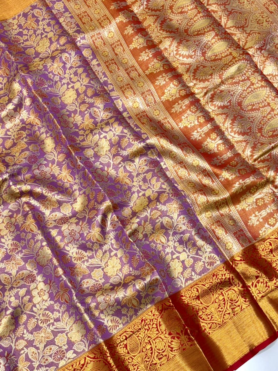 Lavender kanjivaram silk jaal traditional zari woven saree