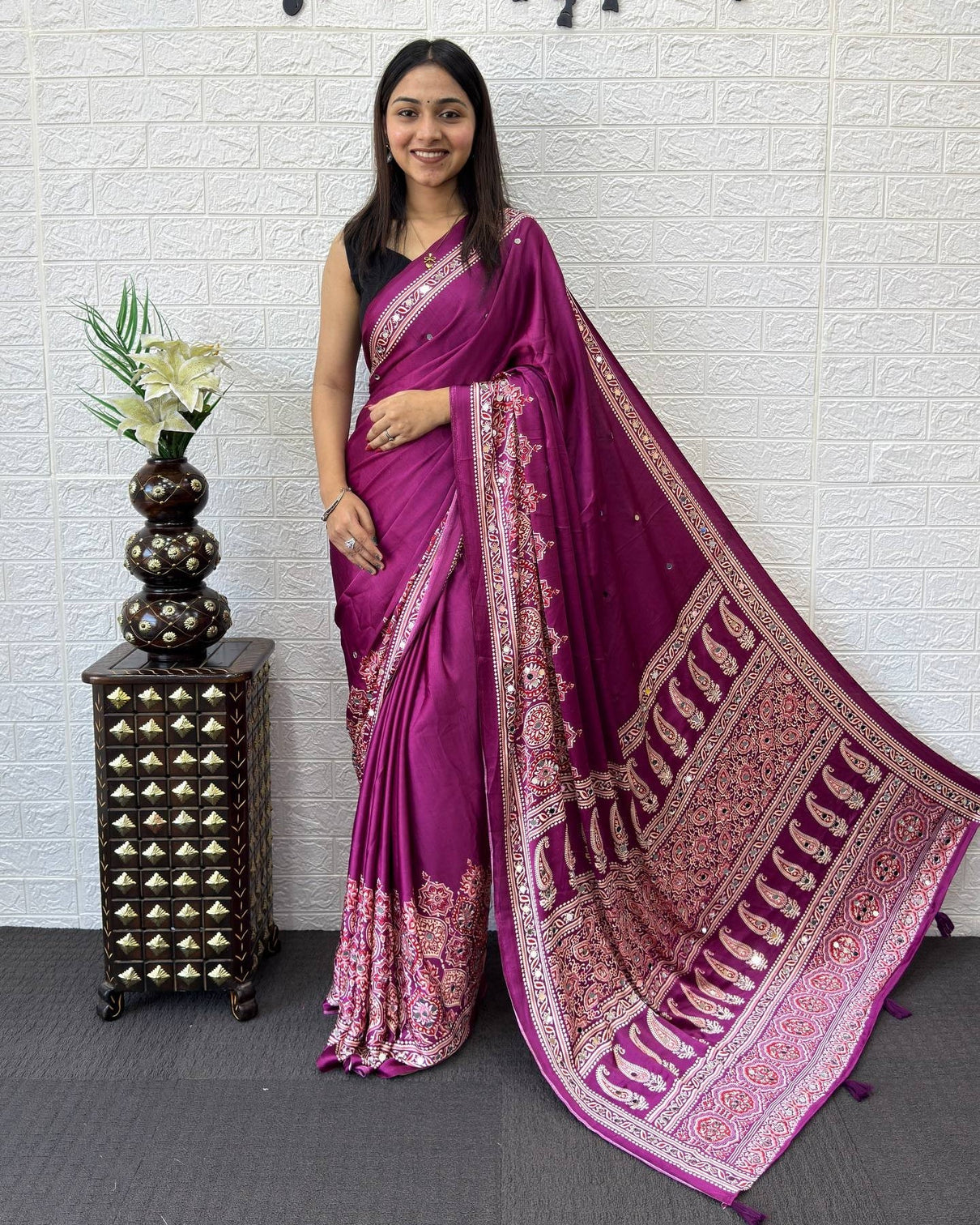Royal magenta modal silk saree with heritage paisley pallu ornamental border traditional ethnic print mameraa