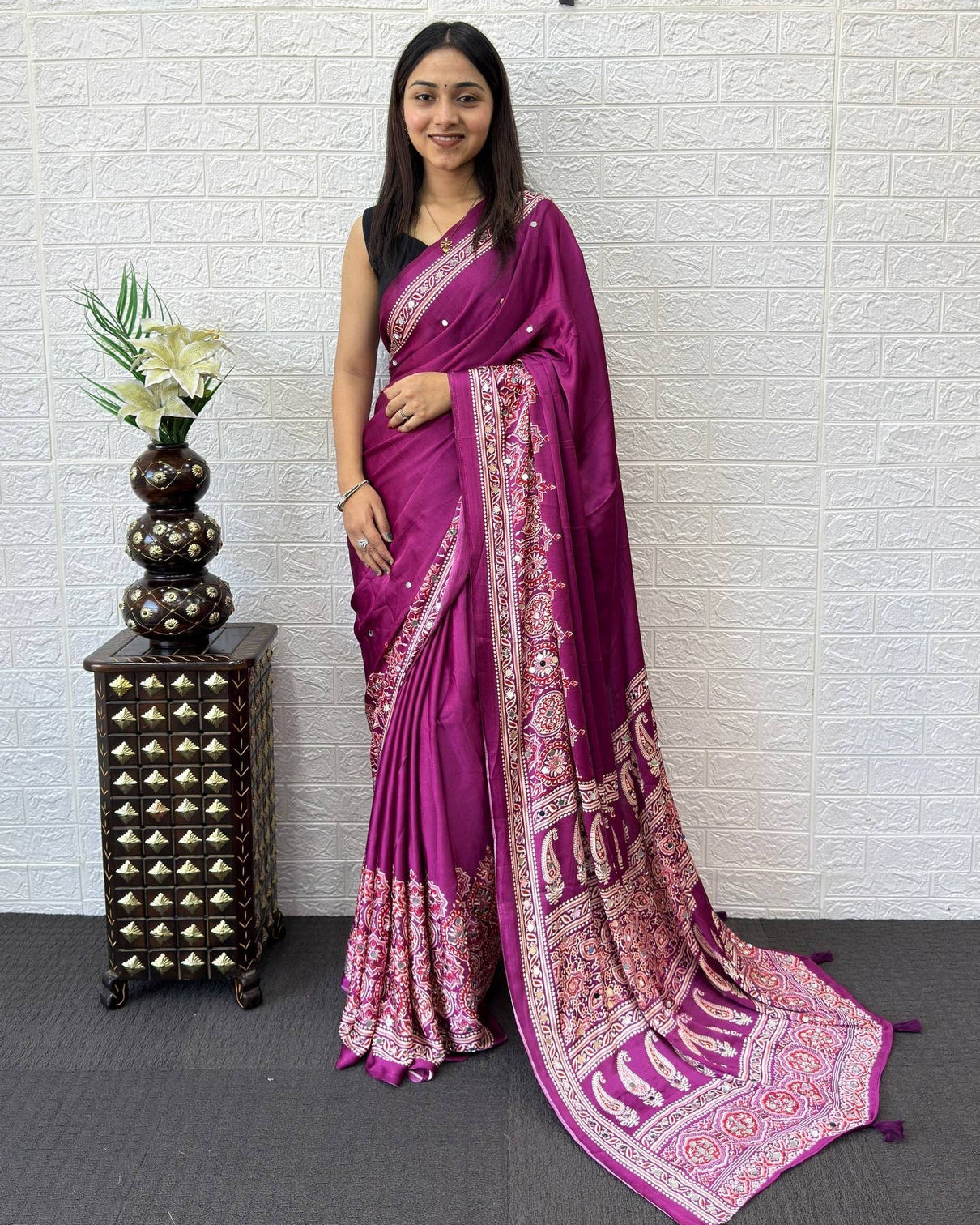 Royal magenta modal silk saree with heritage paisley pallu ornamental border traditional ethnic print