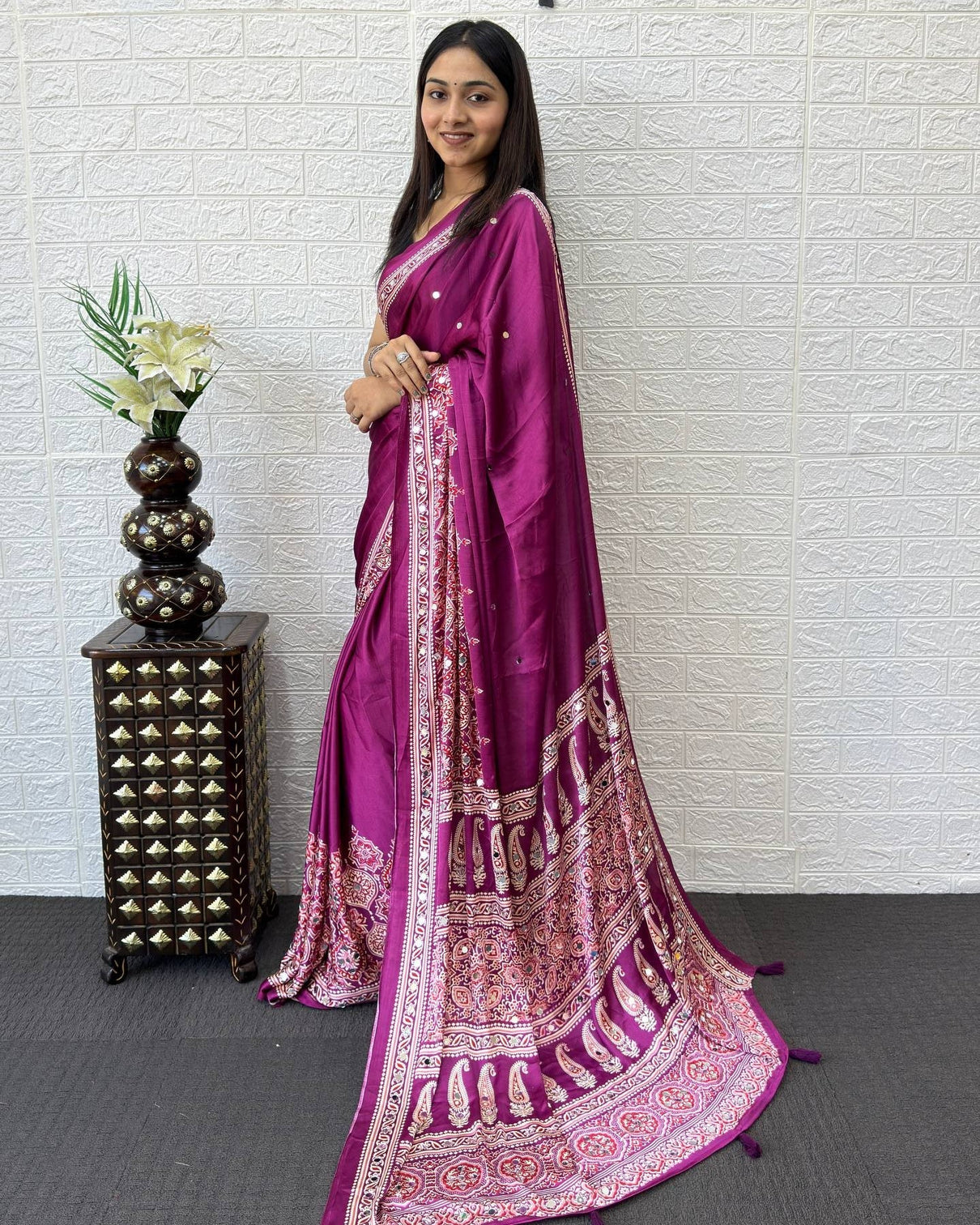Royal magenta modal silk saree with heritage paisley pallu ornamental border traditional ethnic print