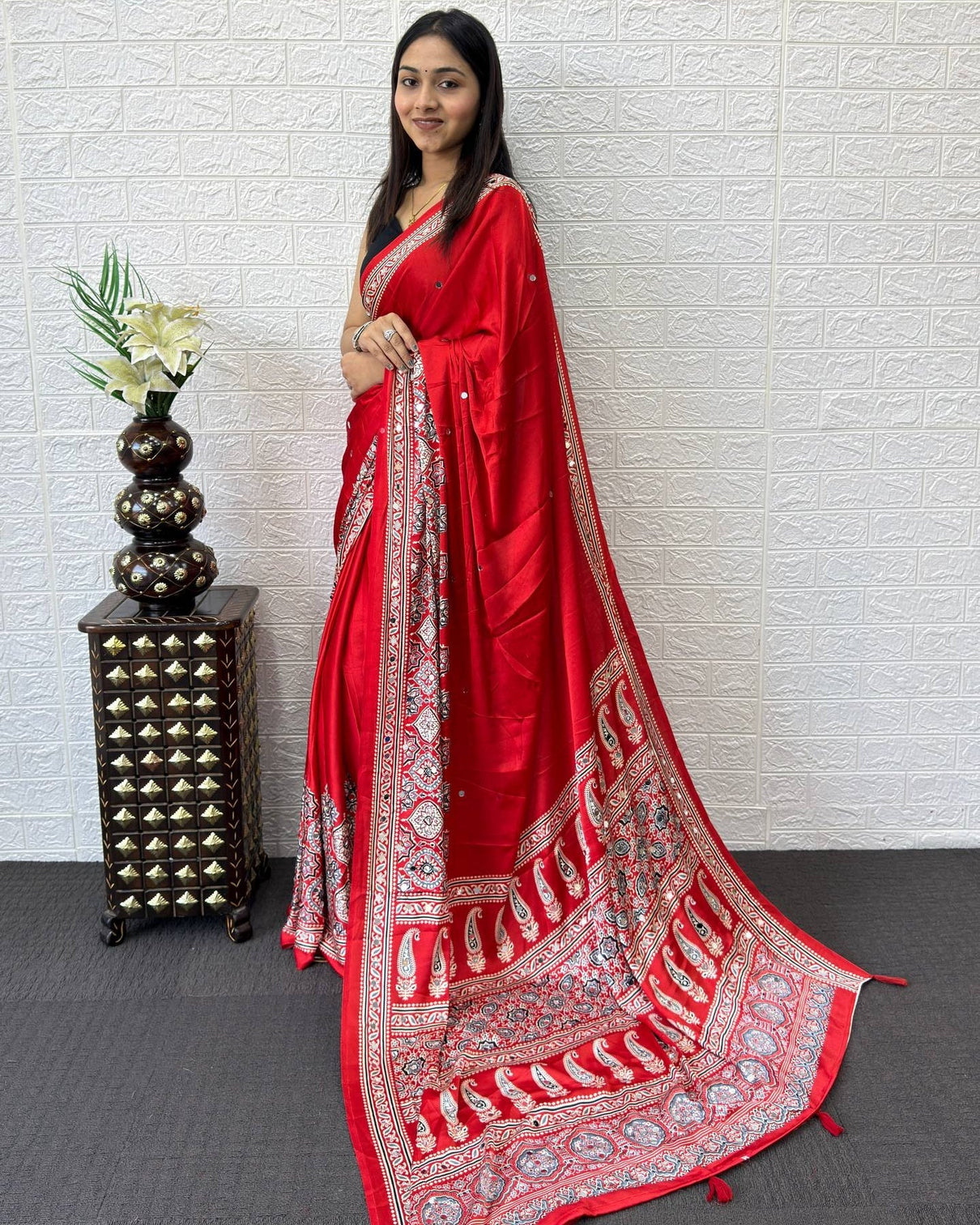 Ruby red modal silk saree with heritage paisley pallu intricate floral border traditional ethnic prints