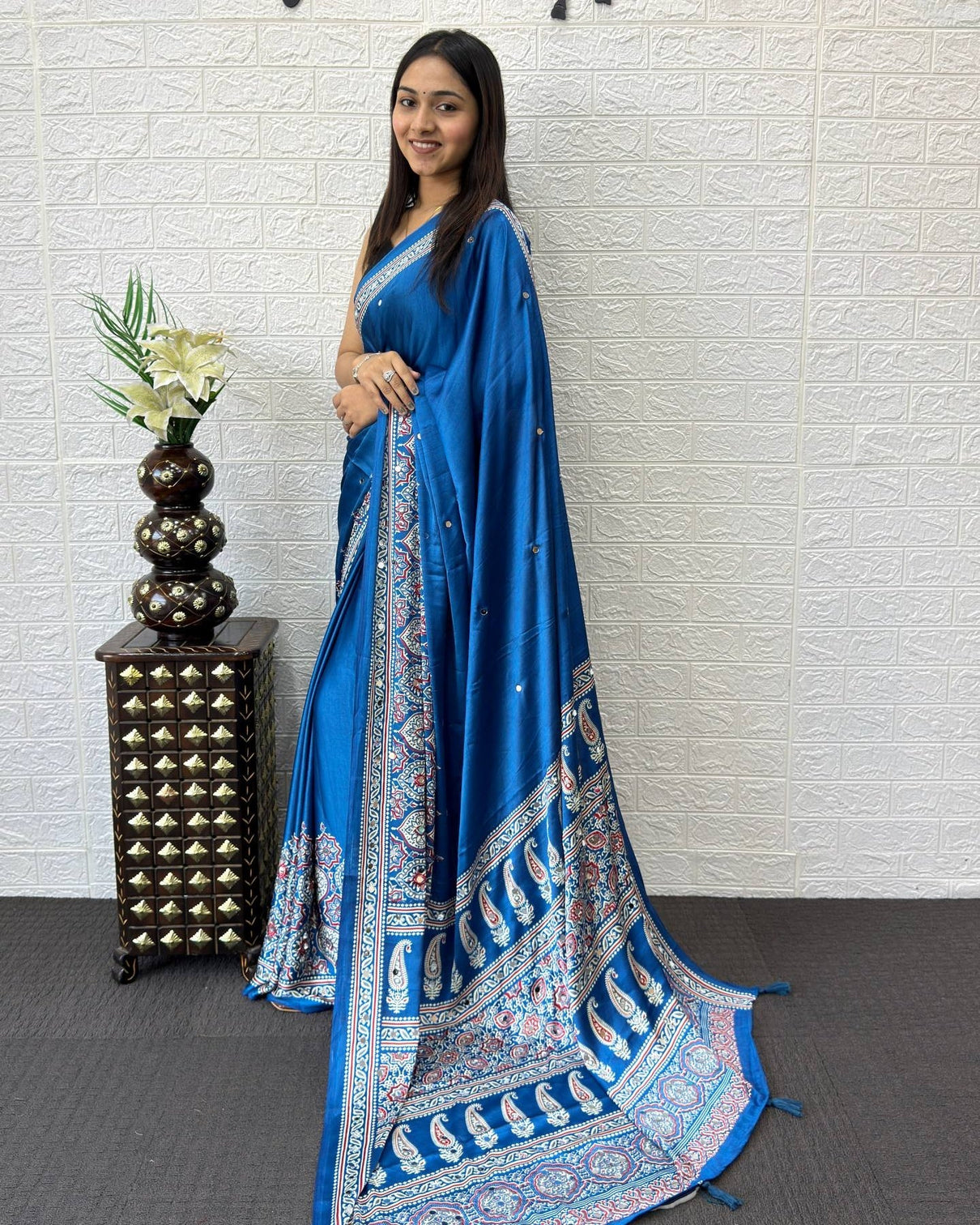 Royal blue modal silk saree with heritage paisley pallu floral border traditional ethnic prints