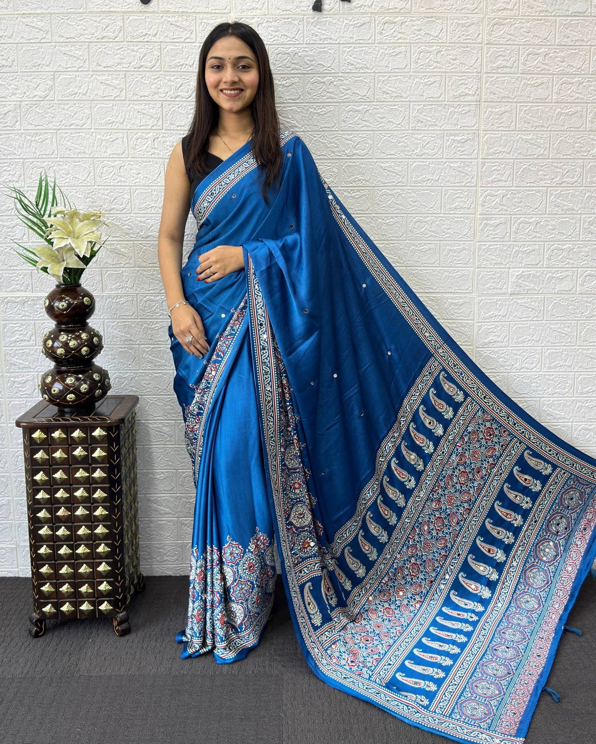 Royal blue modal silk saree with heritage paisley pallu floral border traditional ethnic prints mameraa