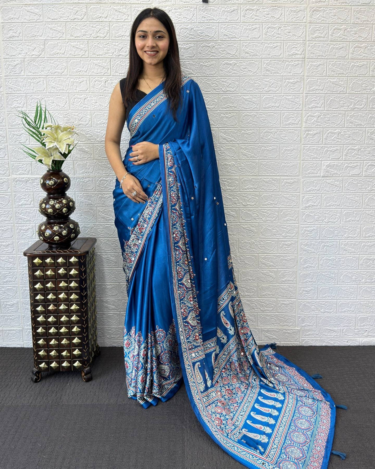 Royal blue modal silk saree with heritage paisley pallu floral border traditional ethnic prints