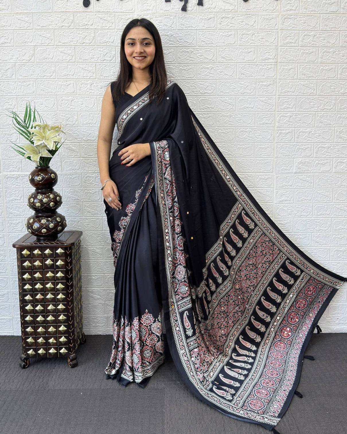 Classic black modal silk saree with paisley designer pallu intricate floral border traditional ethnic print mameraa
