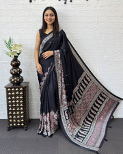 Classic black modal silk saree with paisley designer pallu intricate floral border traditional ethnic print mameraa