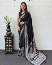 Classic black modal silk saree with paisley designer pallu intricate floral border traditional ethnic print