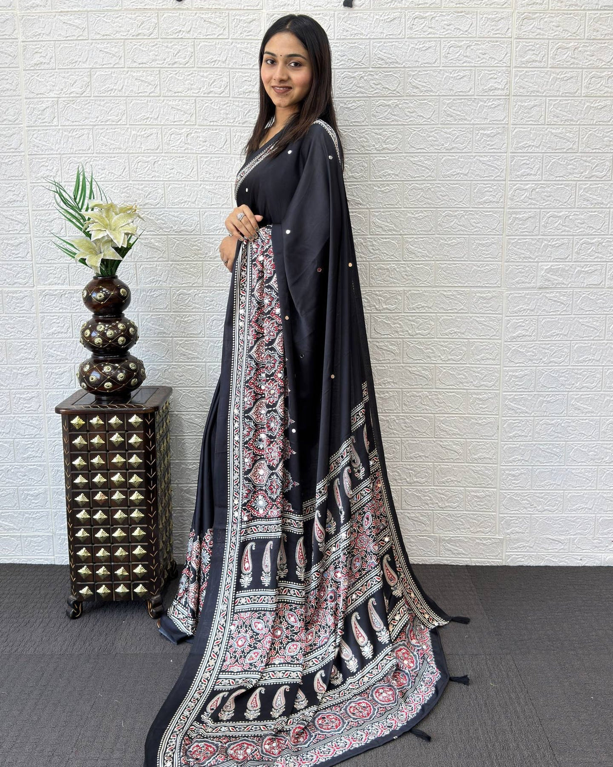 Classic black modal silk saree with paisley designer pallu intricate floral border traditional ethnic print