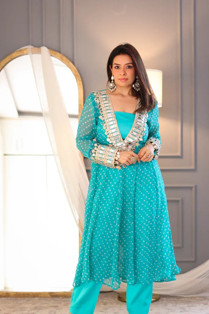 Designer mirror work anarkali suit set for women georgette fabric available in mehendi green royal blue black wine purple