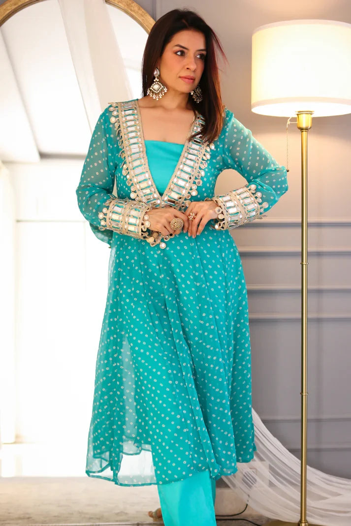 Designer mirror work anarkali suit set for women georgette fabric available in mehendi green royal blue black wine purple