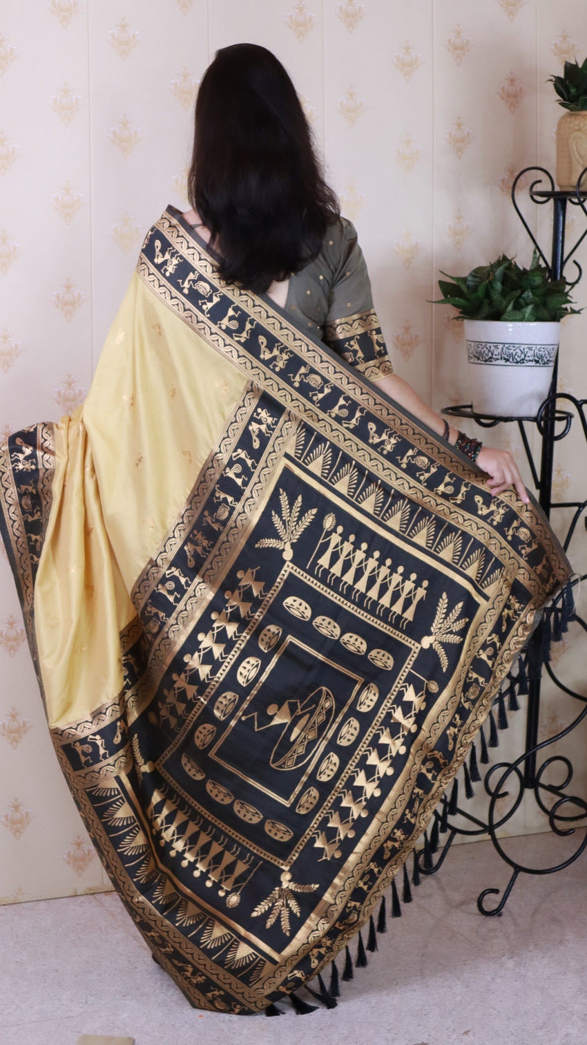 Chickoo soft silk zari woven warli art traditional saree