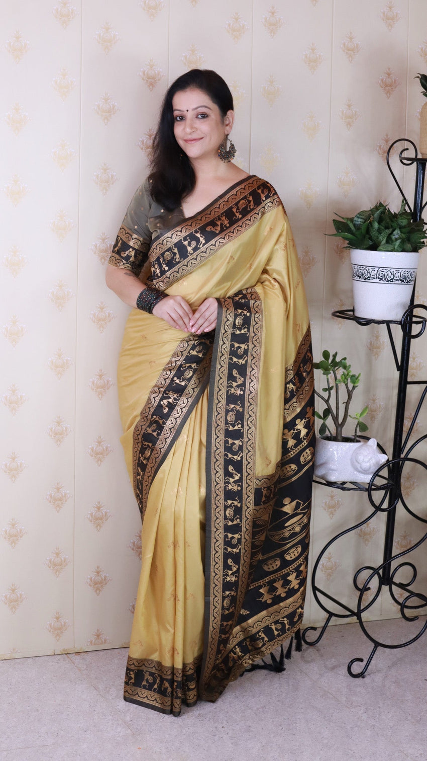 Chickoo soft silk zari woven warli art traditional saree