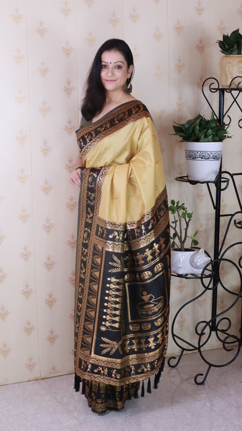 Chickoo soft silk zari woven warli art traditional saree