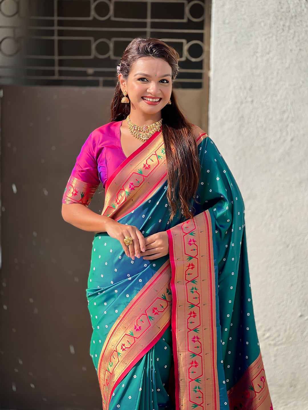 Green zari woven bandhani paithani fusion silk saree