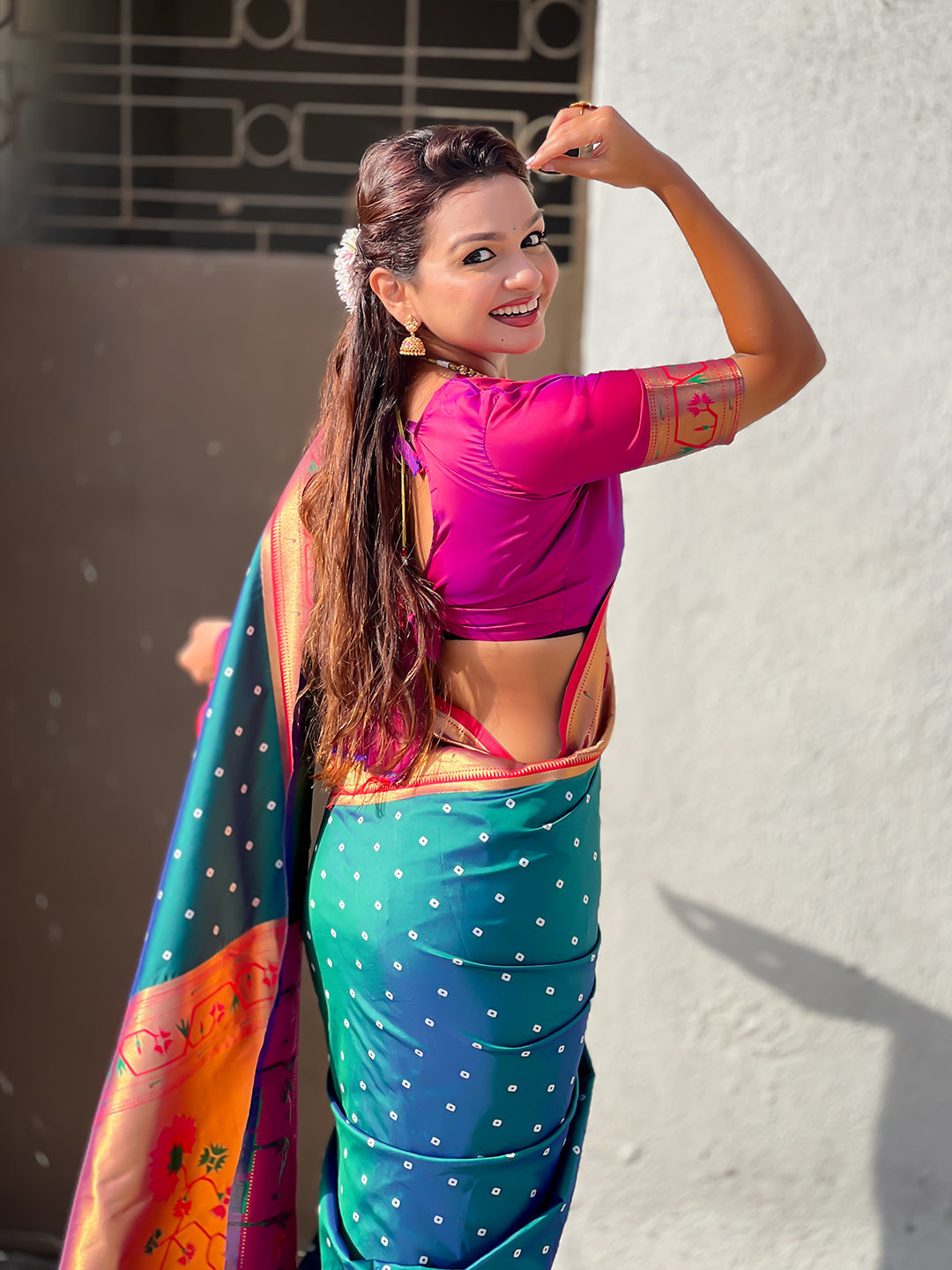 Green zari woven bandhani paithani fusion silk saree