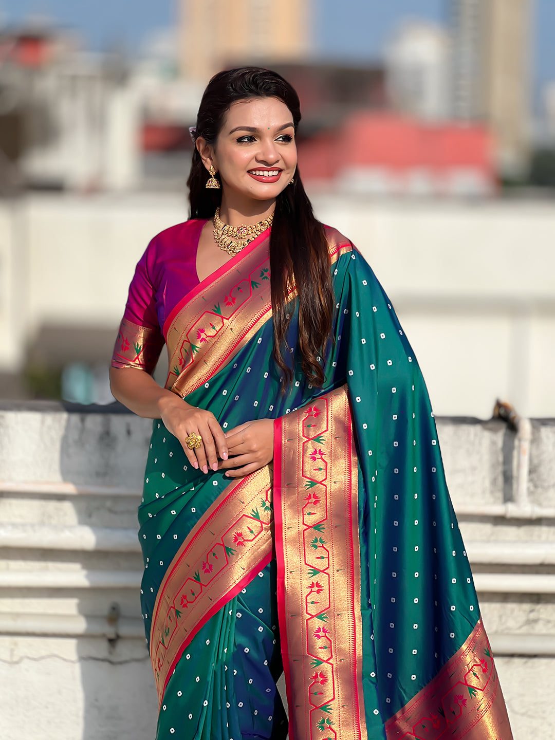 Green zari woven bandhani paithani fusion silk saree