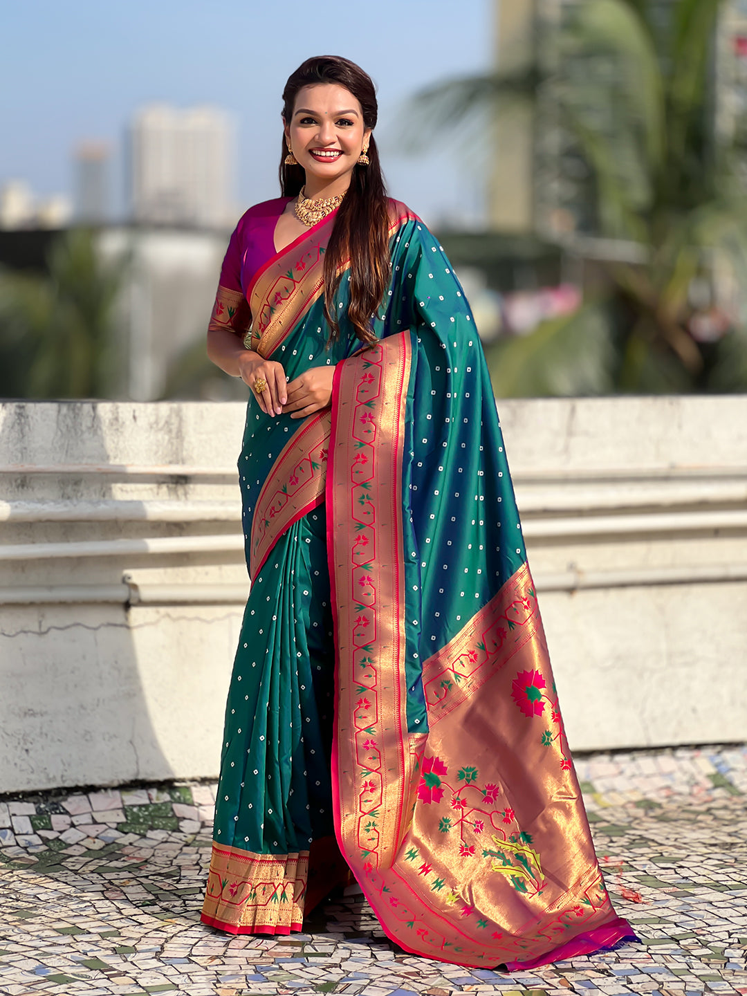 Green zari woven bandhani paithani fusion silk saree