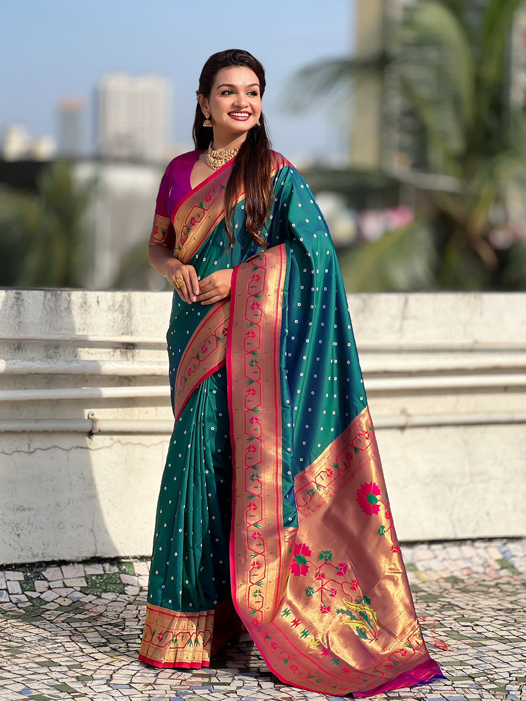 Green zari woven bandhani paithani fusion silk saree