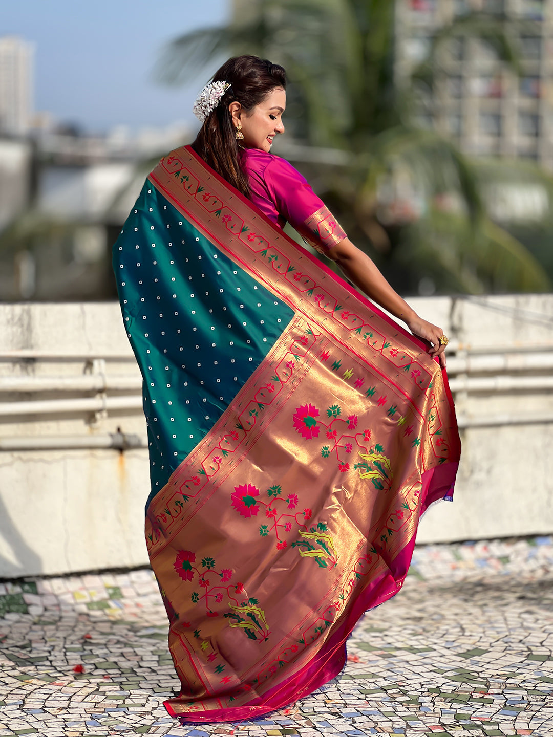 Green zari woven bandhani paithani fusion silk saree