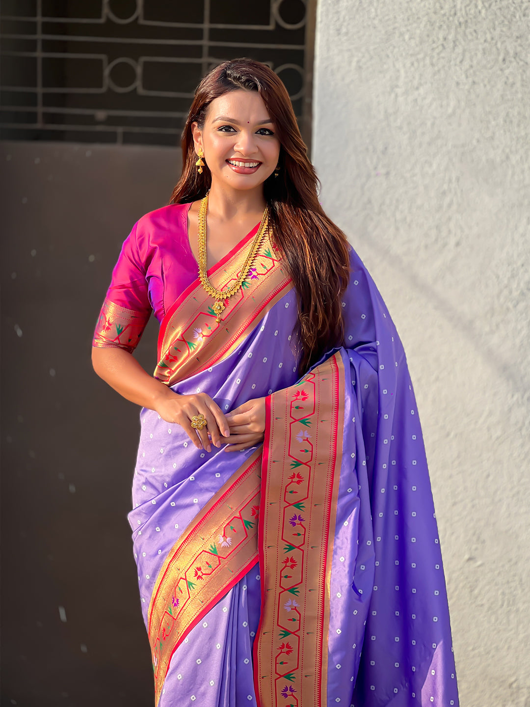 Lavender zari woven bandhani paithani fusion silk saree