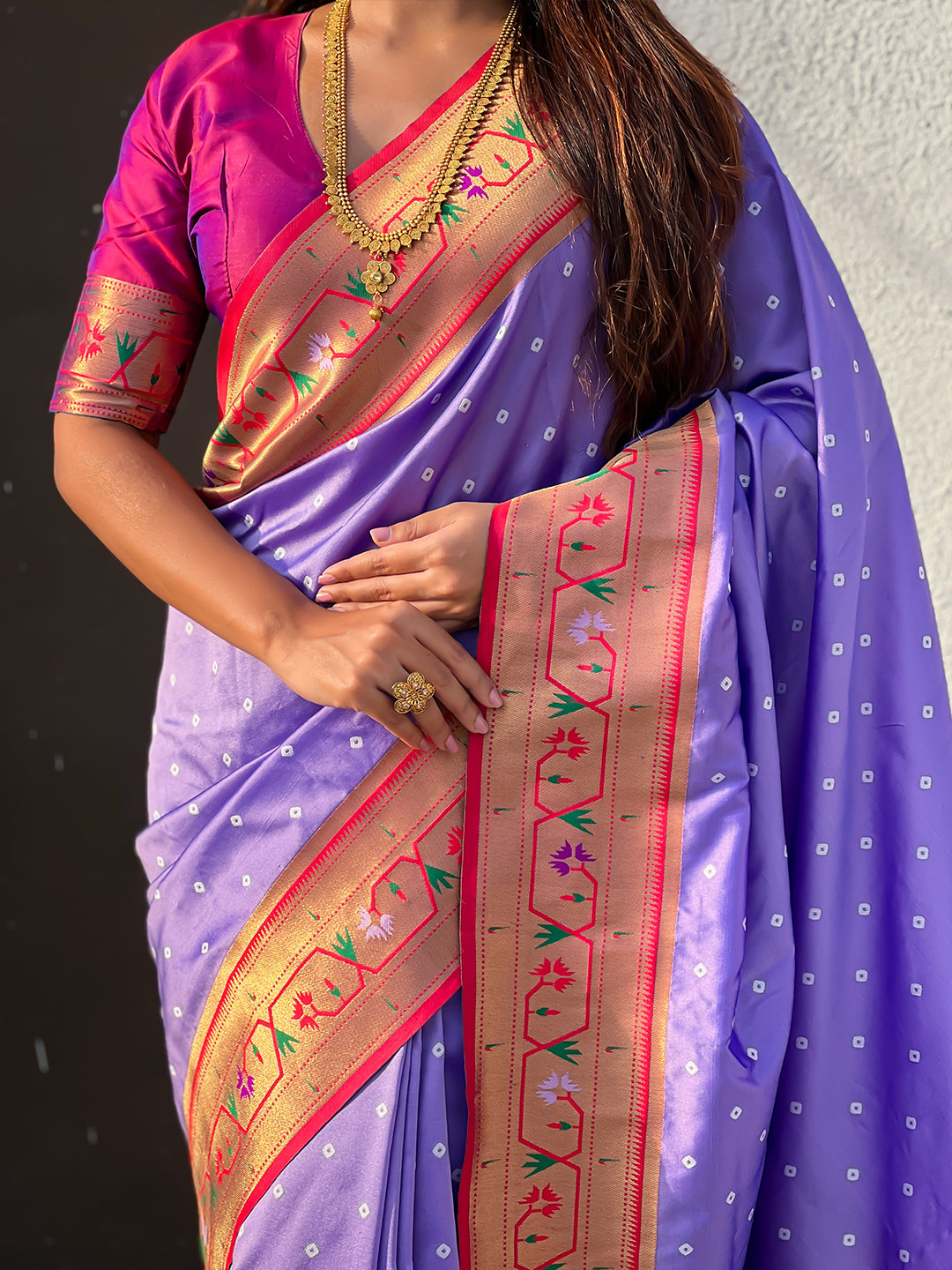 Lavender zari woven bandhani paithani fusion silk saree