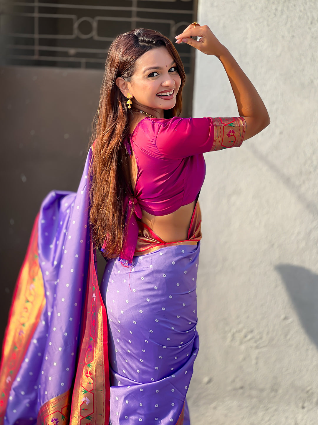 Lavender zari woven bandhani paithani fusion silk saree