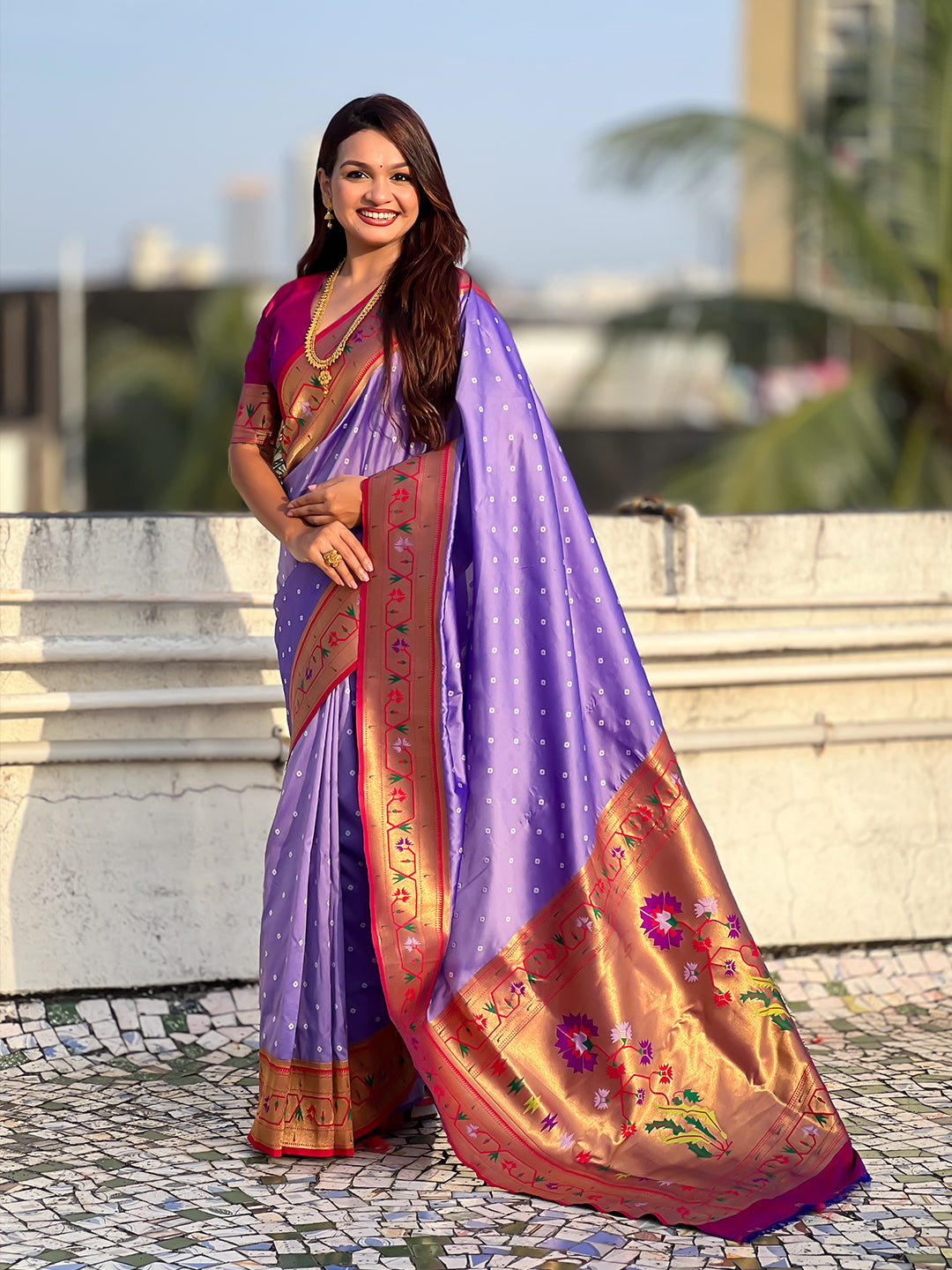 Lavender zari woven bandhani paithani fusion silk saree