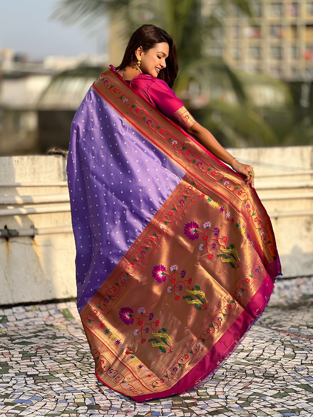 Lavender zari woven bandhani paithani fusion silk saree