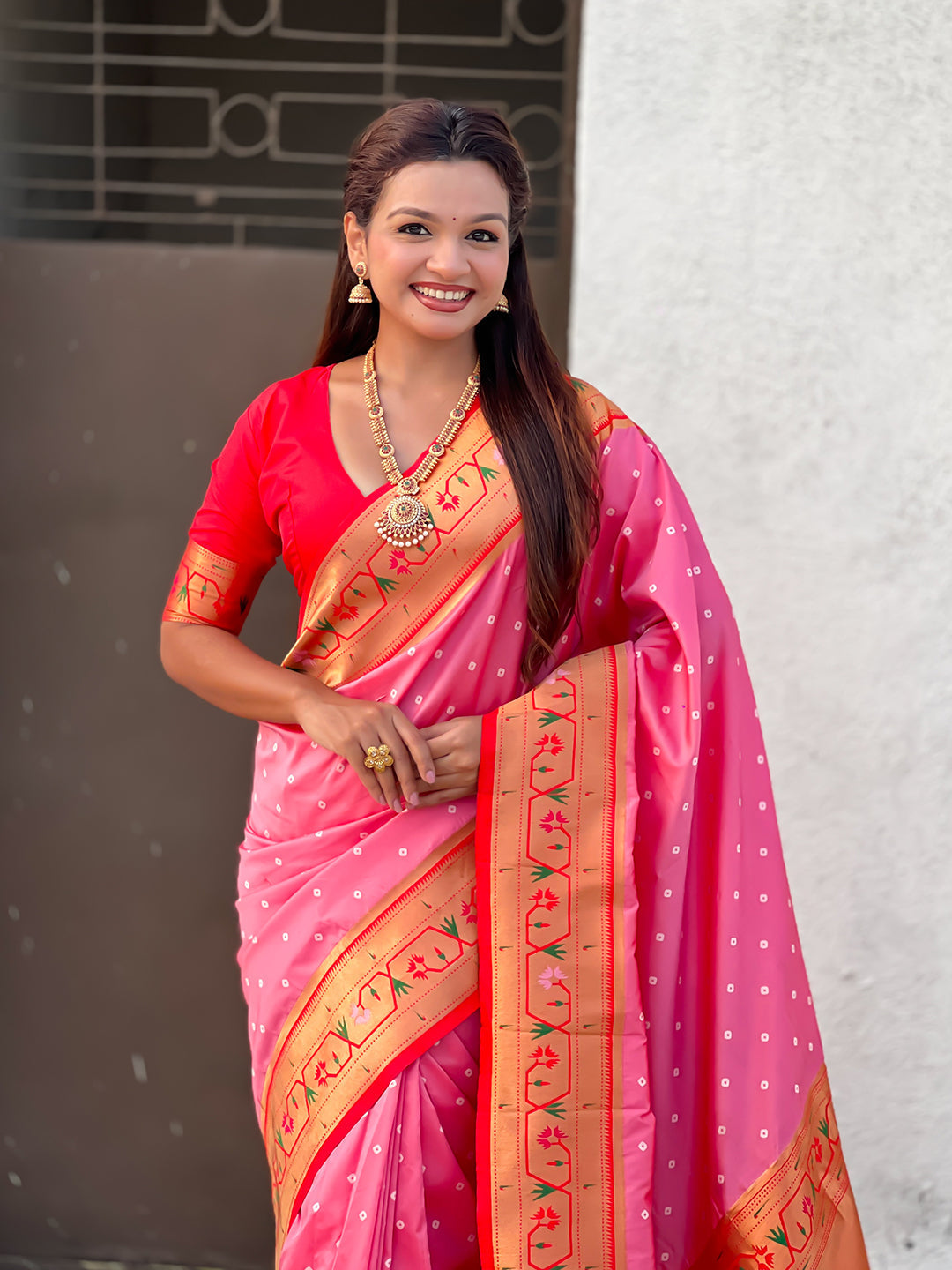 Baby pink zari woven bandhani paithani fusion silk saree
