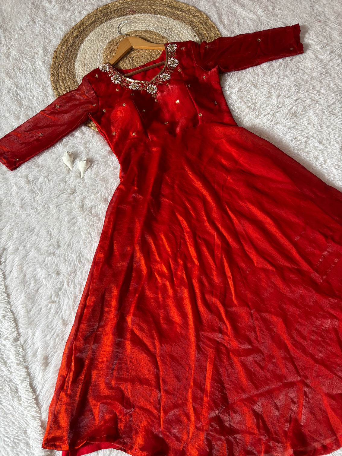 Rani red space silk anarkali gown with moti handwork