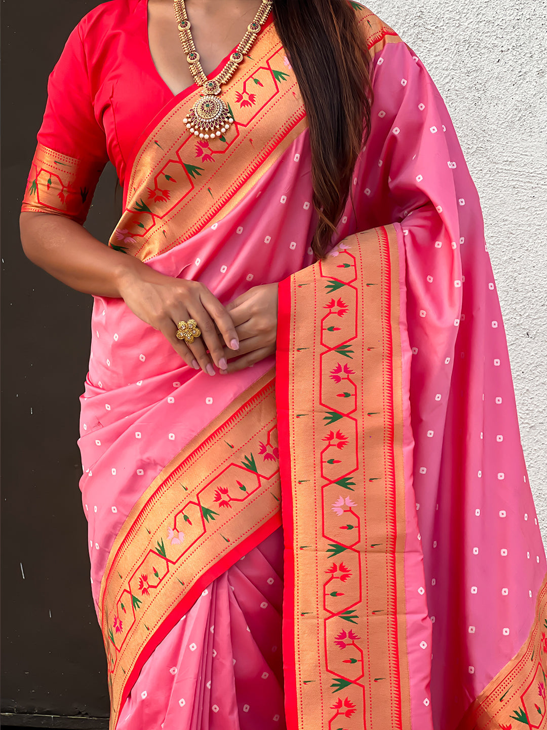Baby pink zari woven bandhani paithani fusion silk saree