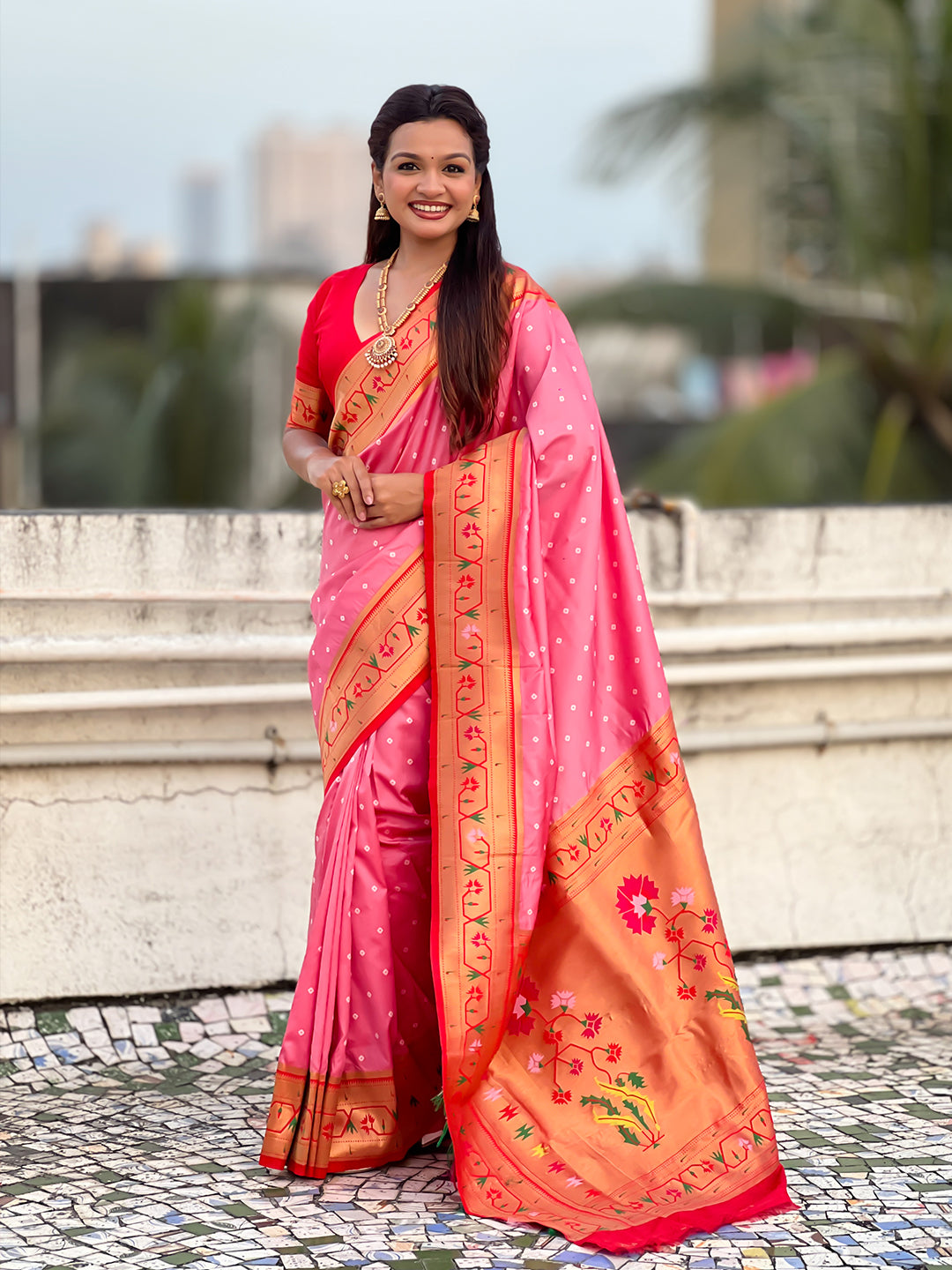 Baby pink zari woven bandhani paithani fusion silk saree