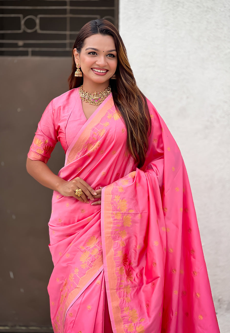 Baby pink zari woven pichwai silk saree