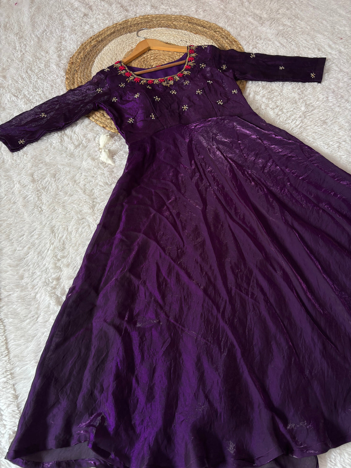 Jamuni purple space silk anarkali gown with moti handwork