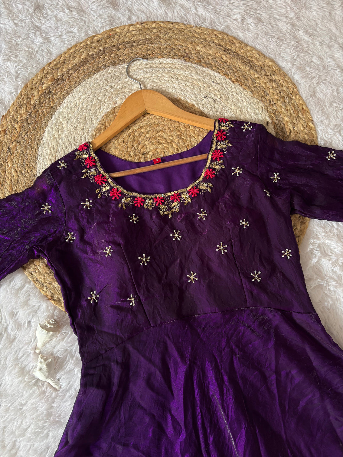 Jamuni purple space silk anarkali gown with moti handwork