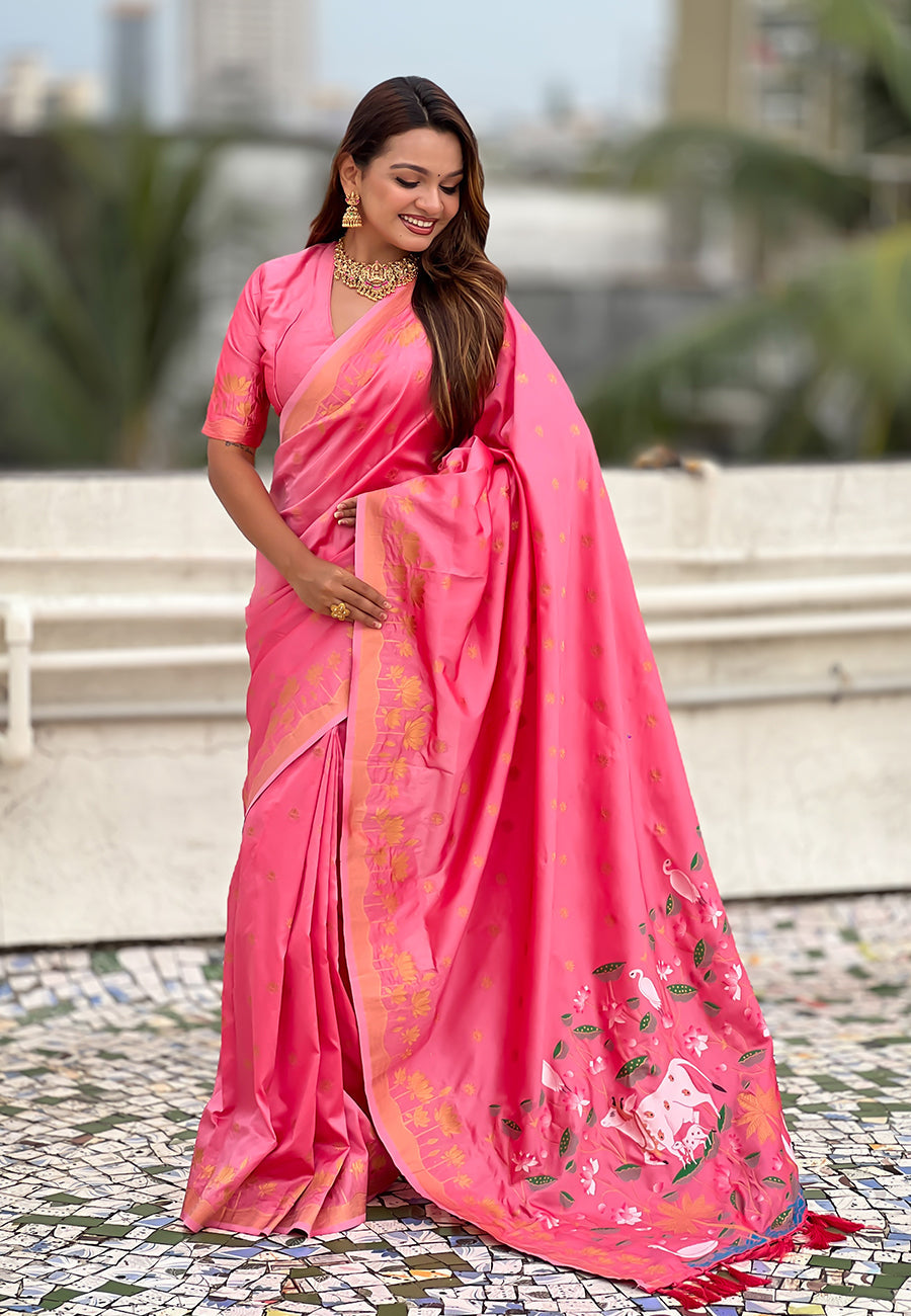 Baby pink zari woven pichwai silk saree
