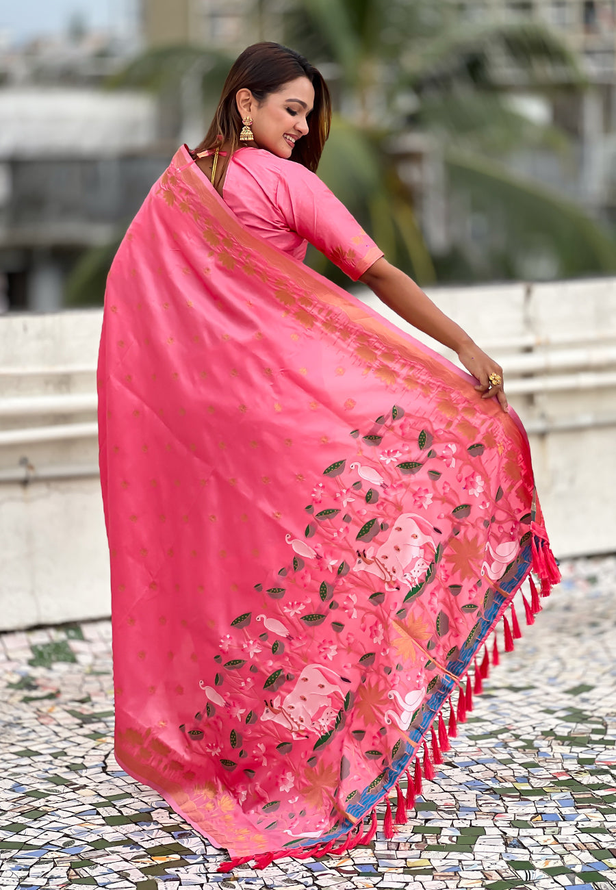 Baby pink zari woven pichwai silk saree