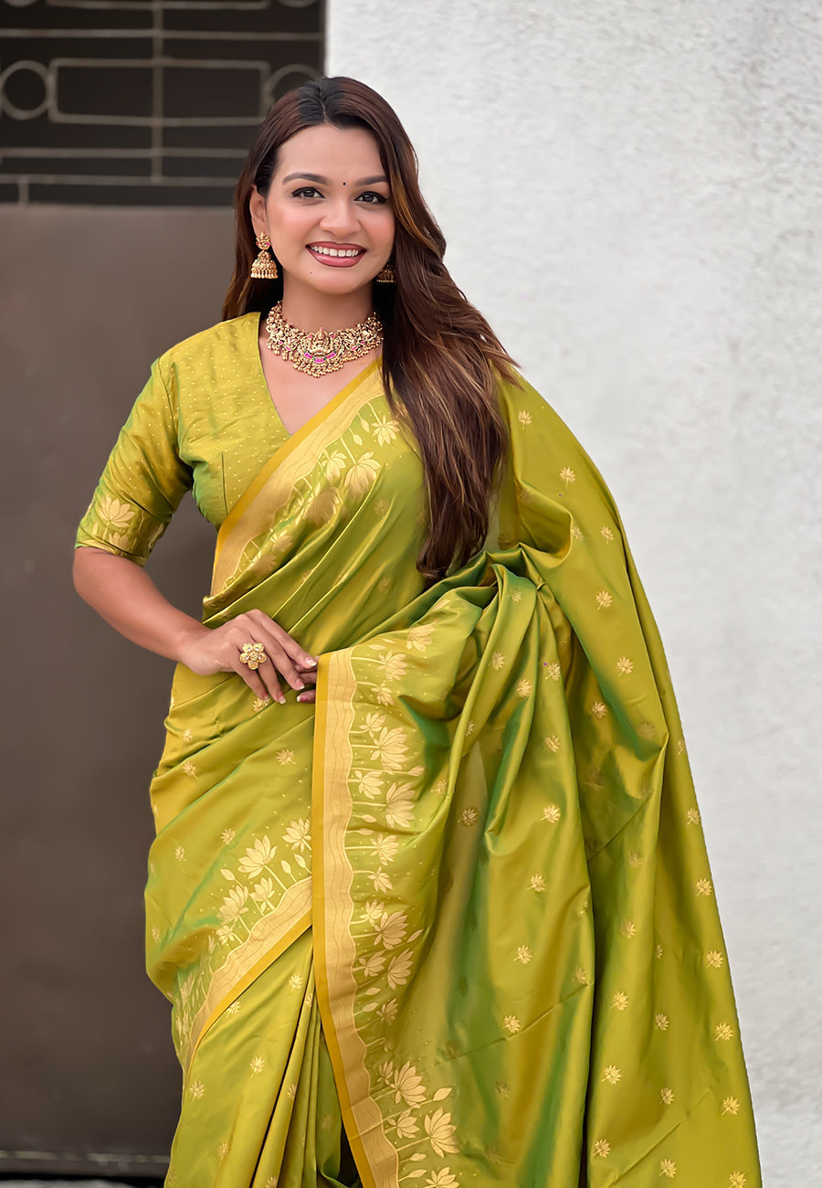 Mehendi green zari woven pichwai silk saree