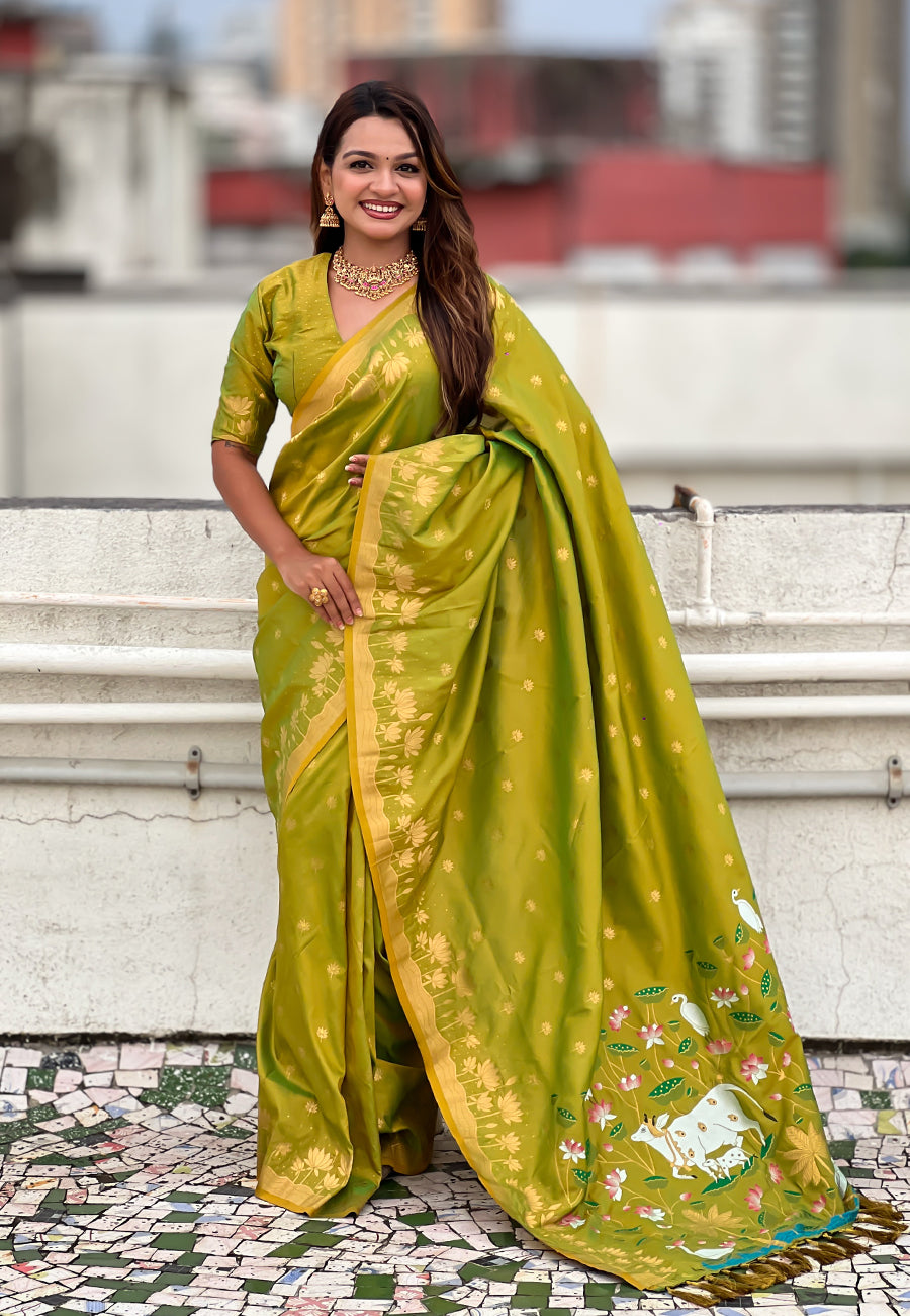 Mehendi green zari woven pichwai silk saree