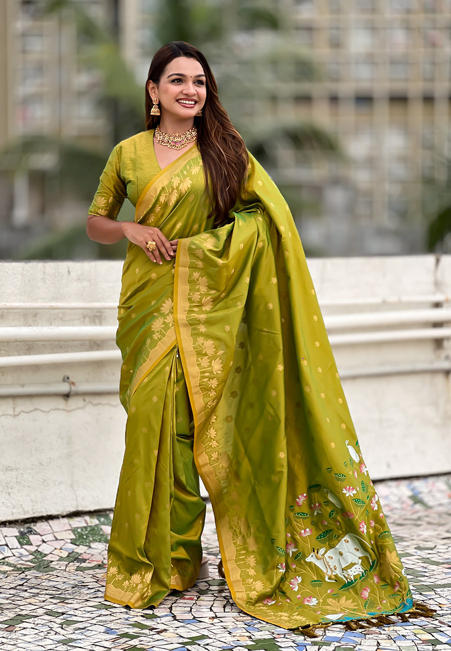 Mehendi green zari woven pichwai silk saree