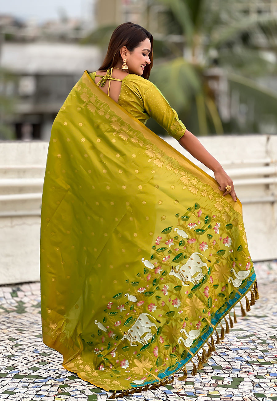 Mehendi green zari woven pichwai silk saree