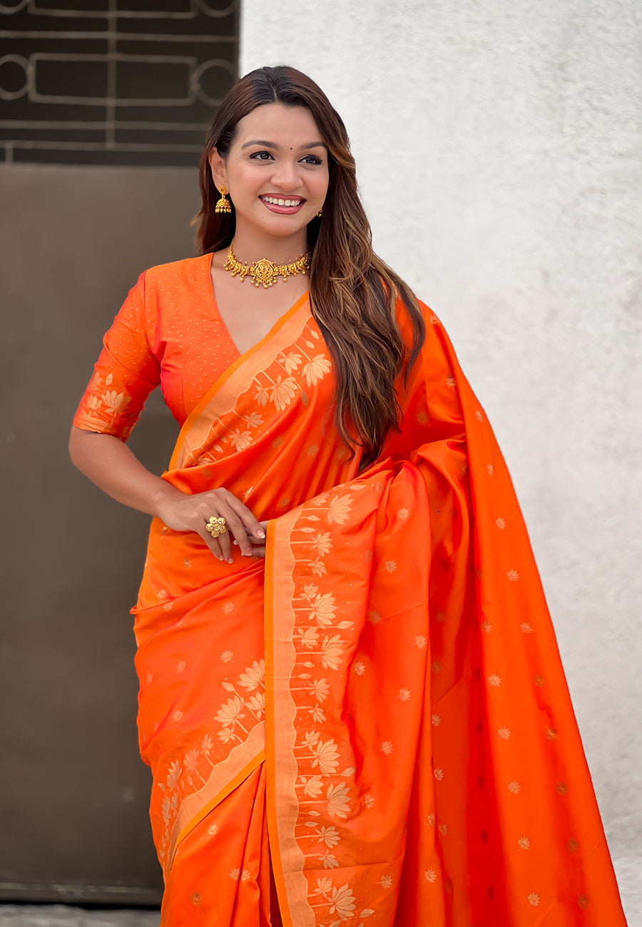 Orange zari woven pichwai silk saree
