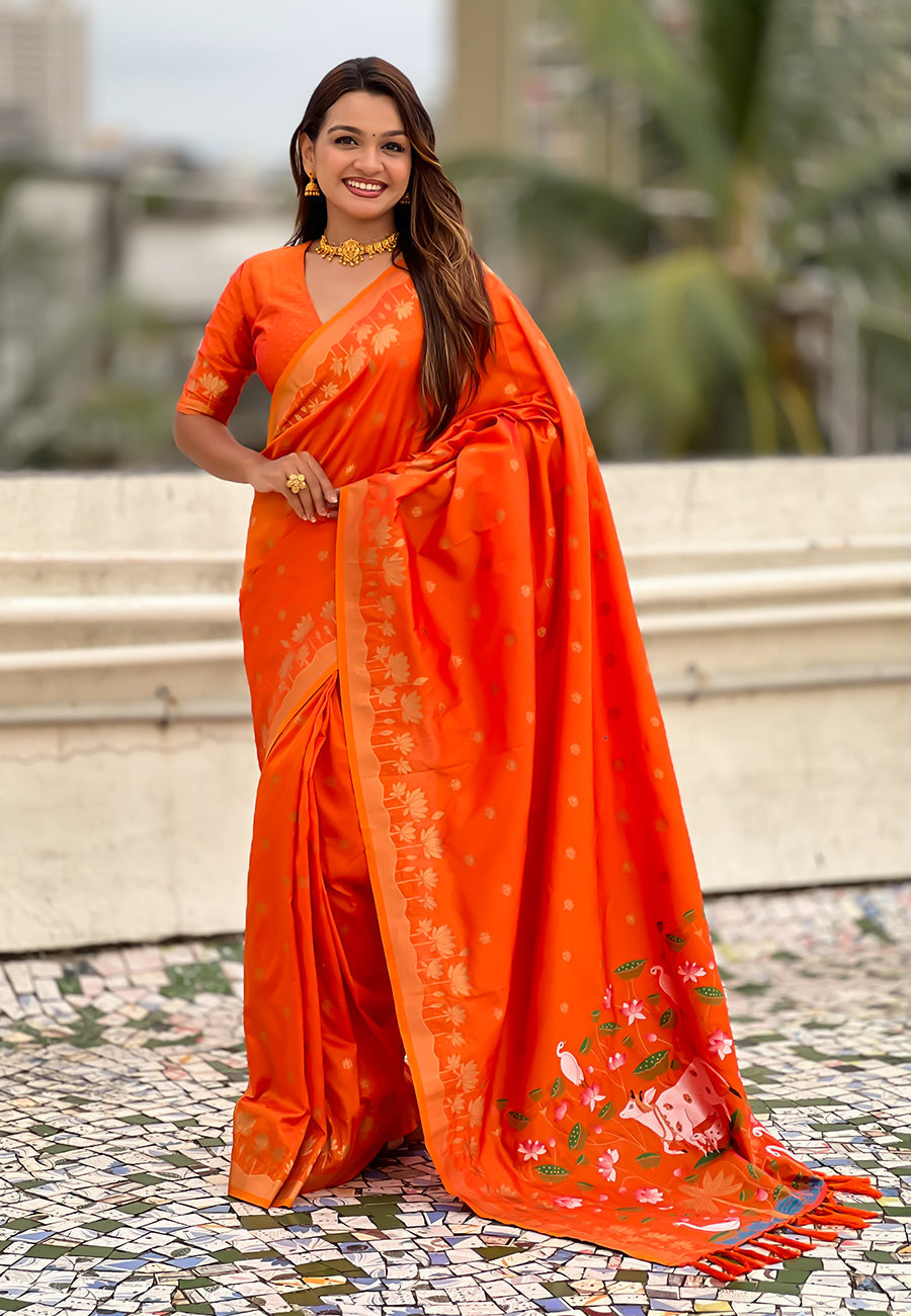 Orange zari woven pichwai silk saree