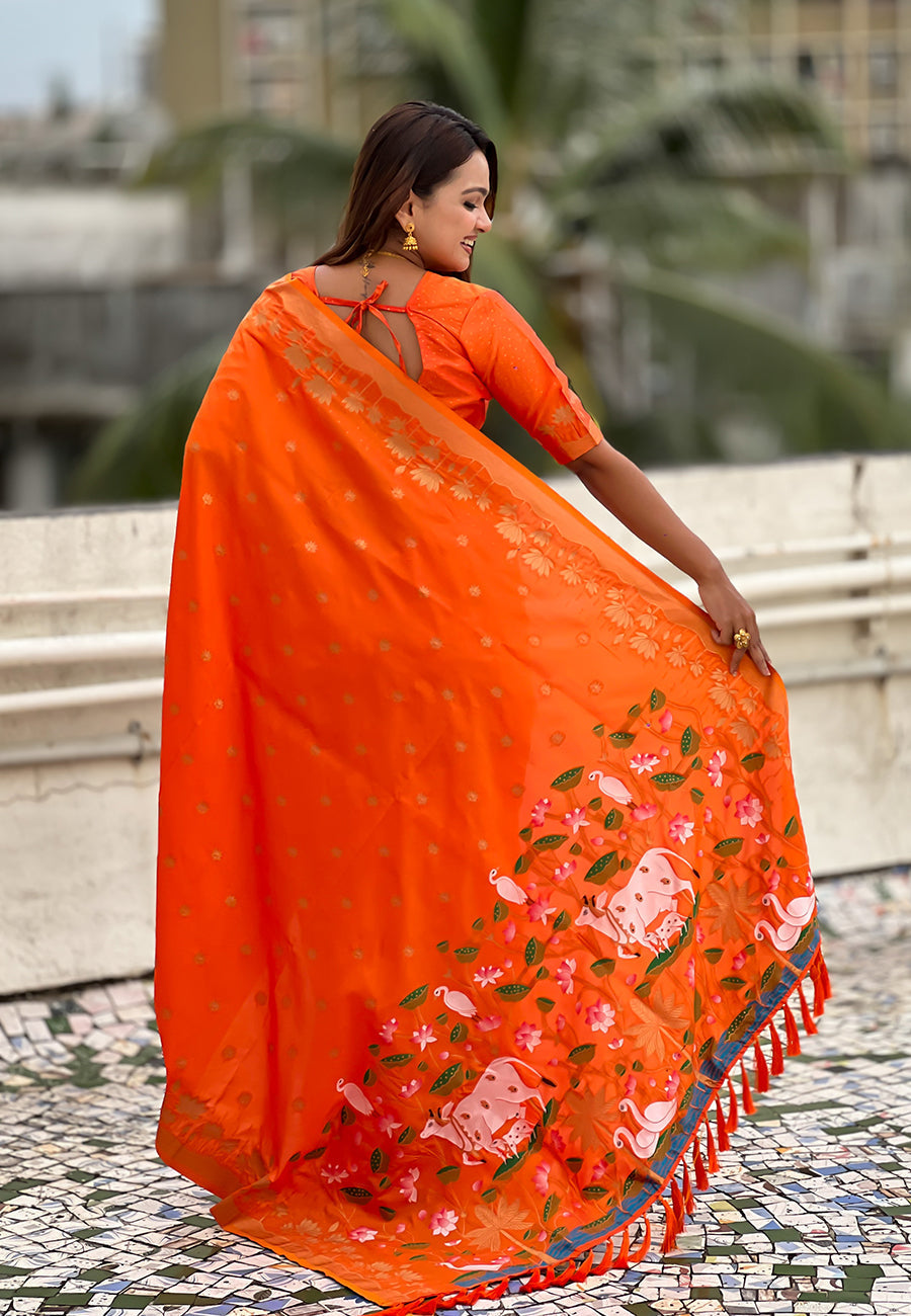 Orange zari woven pichwai silk saree