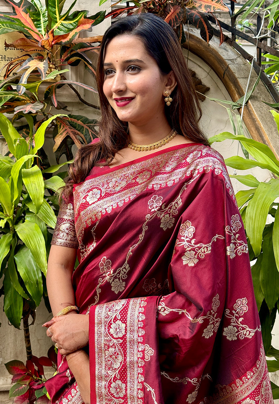Maroon banarasi jaal soft silk zari woven saree
