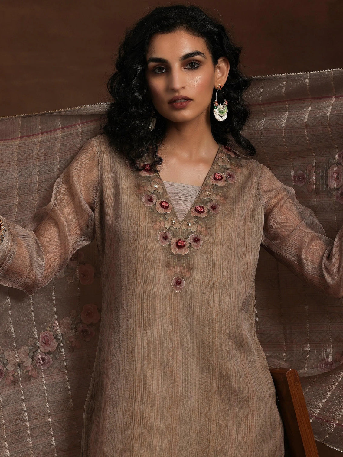 Mameraa Tan Printed Organza Straight Suit With Dupatta