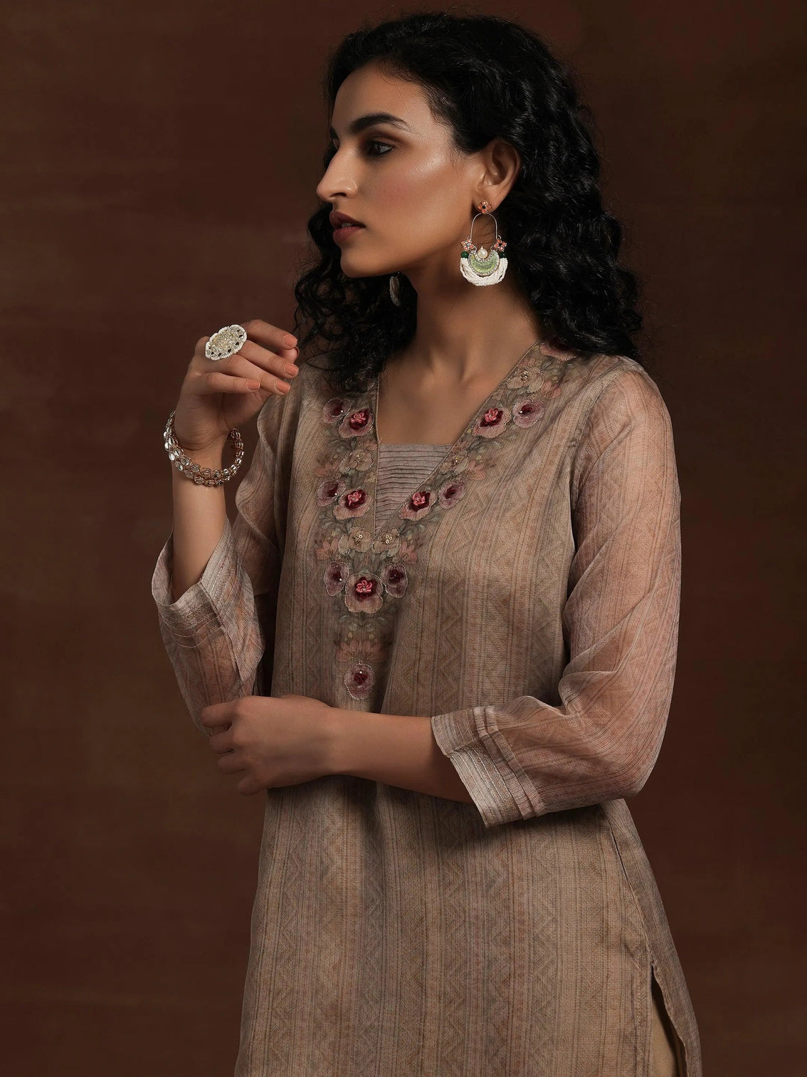 Mameraa Tan Printed Organza Straight Suit With Dupatta